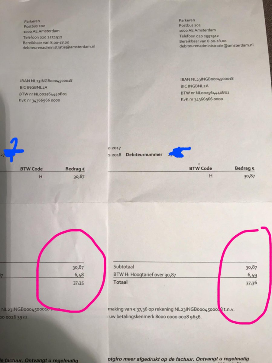 Kan iemand mij deze wiskundige truc van de Gemeente Amsterdam uitleggen? Links factuur 2017 en rechts factuur 2018. <a href="/AmsterdamNL/">Gemeente Amsterdam</a>