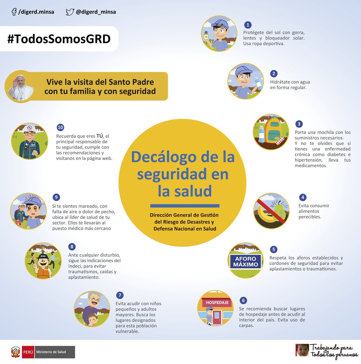 #UnidosPorLaEsperanza
Si vas a acompañar al #PapaFrancisco durante su visita a nuestro país, toma en cuenta el Decálogo de la seguridad en la salud 👇 #MinsaEsAcción