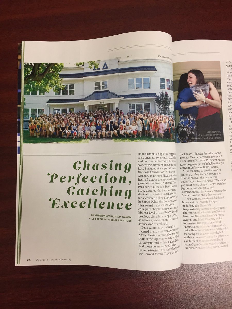 WKUKD's tweet photo. We absolutely love Delta Gamma’s featured article in the Winter 2018 Angelos😍💚 @KappaDeltaHQ https://t.co/Ke2Vj70gHf