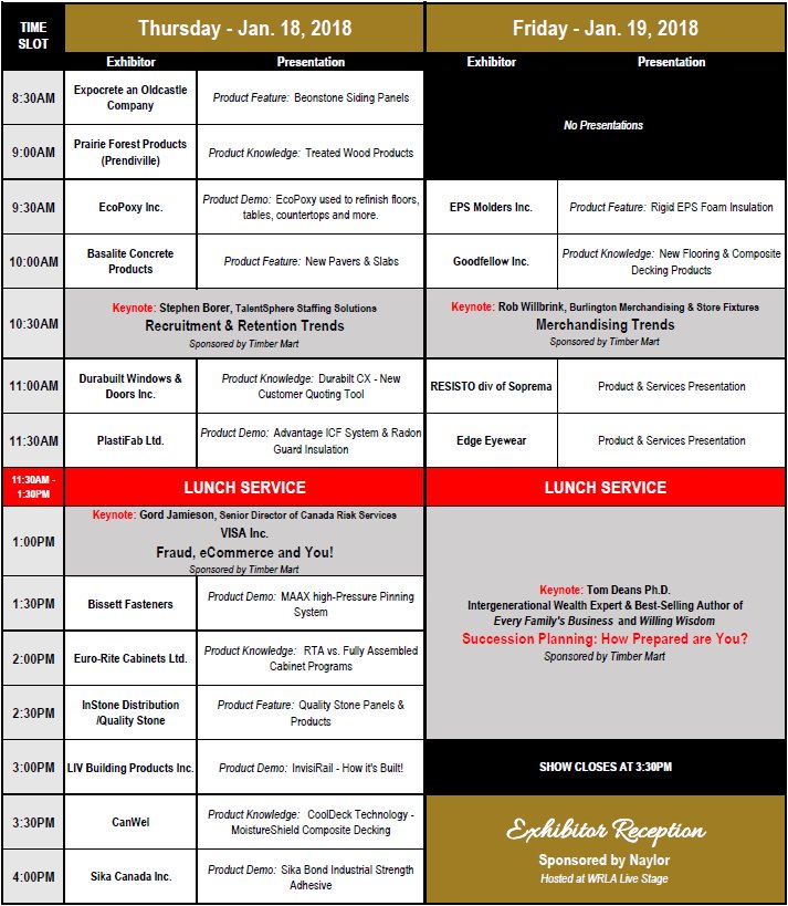 WRLAInc's tweet photo. Be sure to visit the @WRLAInc Live Stage at the #2018WRLAShow! Demos & Speakers every 30 mins, both days of the show! Featured Speakers include: Tom Deans, Jamie Gord, Stephen Borer & Rob Wilbrink; Proudly Sponsored by @_TIMBERMART https://t.co/s8GCG7IhS6