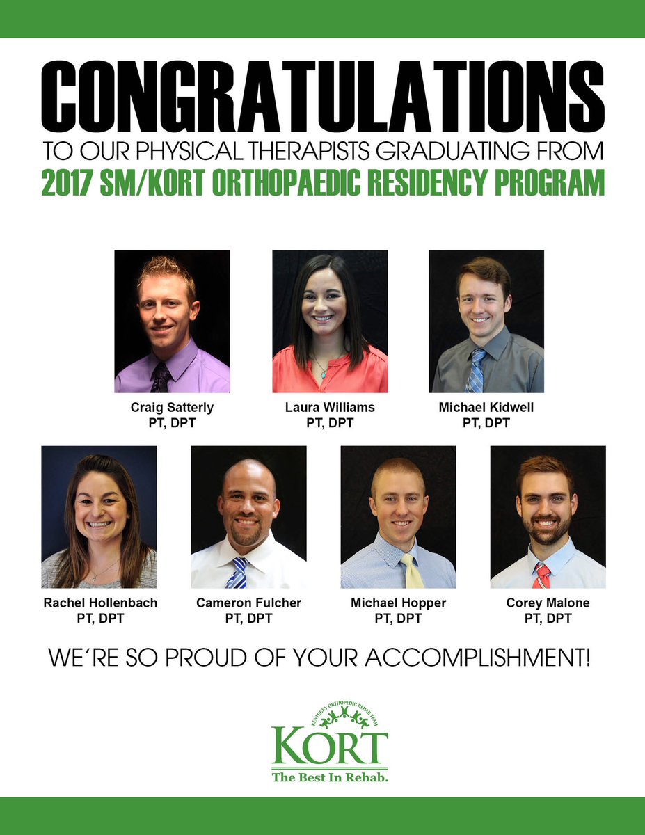 KORTPT's tweet photo. Congrats to our PTs graduating from 2017 SM/KORT Orthopaedic Residency Program. We’re so PROUD of your accomplishment! KORT-The BEST in Rehab. #bestinrehab #residency #PT https://t.co/WGA9J1o5m4