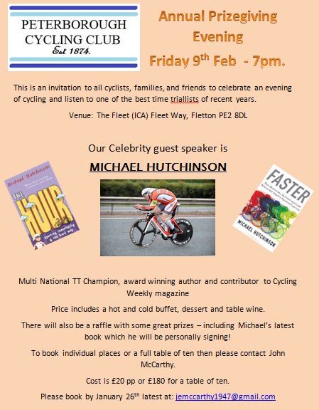 Everyone welcome to come and join us on Feb 9th - with guest speaker <a href="/Doctor_Hutch/">Michael Hutchinson</a> and his 2 hour after dinner wit and cycling tales.
