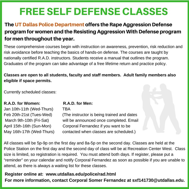 UTDTitleIX's tweet photo. Free self defense classes for @UT_Dallas students, faculty and staff! https://t.co/ZVH7lbZxiP