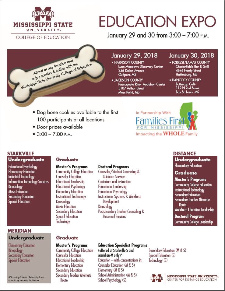 Coasties! If you're interested in the College of Education at MSU, you should check out the expo that will be happening 1/29 and 1/30! #msstate #hailstate
