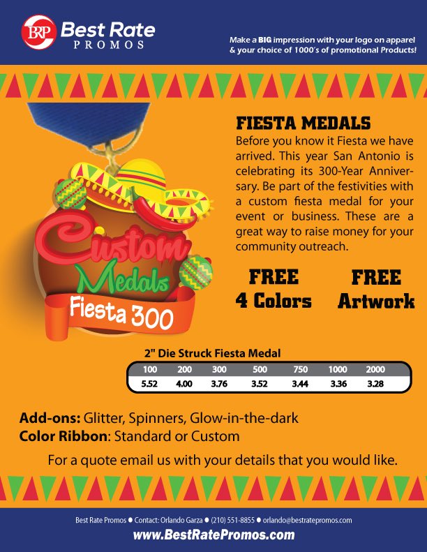 bestratemedia's tweet photo. Does your organization or business need Fiest Medals? I provide promotional products. Here is some pricing for a 2" Die Struck Fiesta Medal. Don't wait too long to order. Fiesta will be here before you know it. For details visit: https://t.co/Jopr1GZ5zs https://t.co/iyQd393sLO