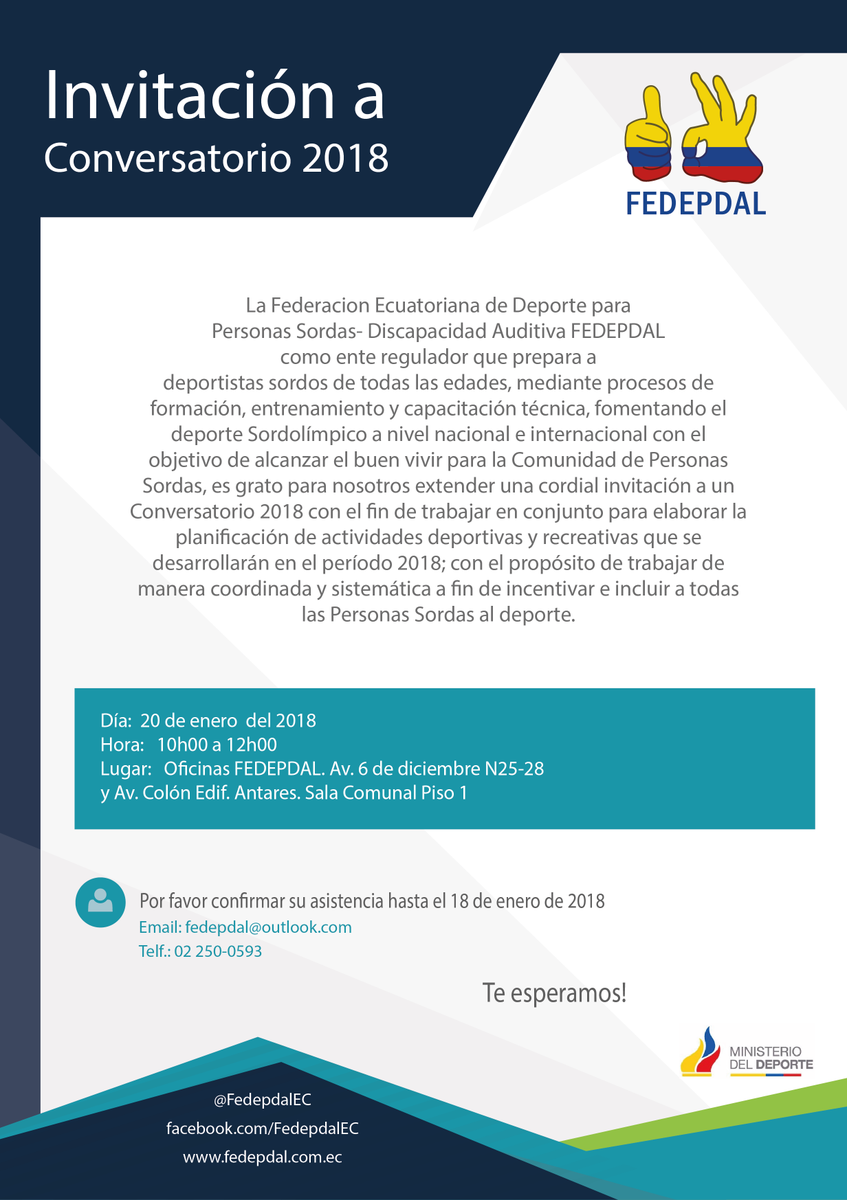 FedepdalEC's tweet photo. FEDEPDAL invita a Conversatorio 2018
#SOYSORDOLIMPICO #UNIDOSSOMOSMAS #ministeriodeldeporteecuador #CPE #Fedepdif #Fededi #Fedediv #Fedepdal https://t.co/f0cq4JnySr