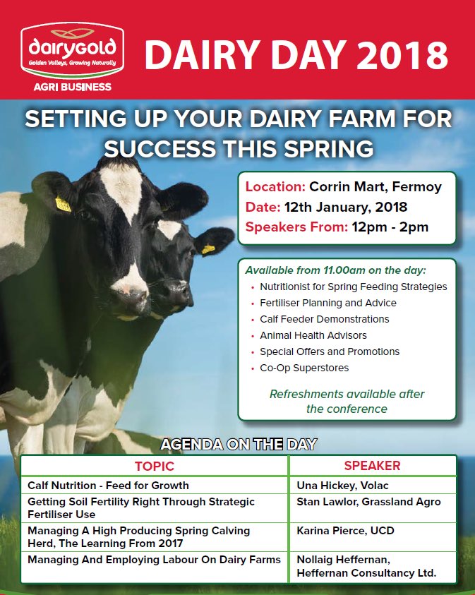 Should make for a very interesting day this Friday with some great speakers lined up <a href="/DairygoldCo_Op/">Dairygold Co-Op</a> dairy day 2018. Call by the Goulding stand to discuss new fertiliser technologies, #Grasstomilk, hurling and the weather from 11am