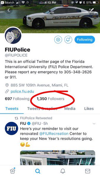 FAUPD's tweet photo. Hey Owl Fans!  We got into a #FollowFight with @FIUPOLICE! First to add 500 followers wins!  Help us out with a follow and a RT to spread the word! https://t.co/o9OOjkIgH3