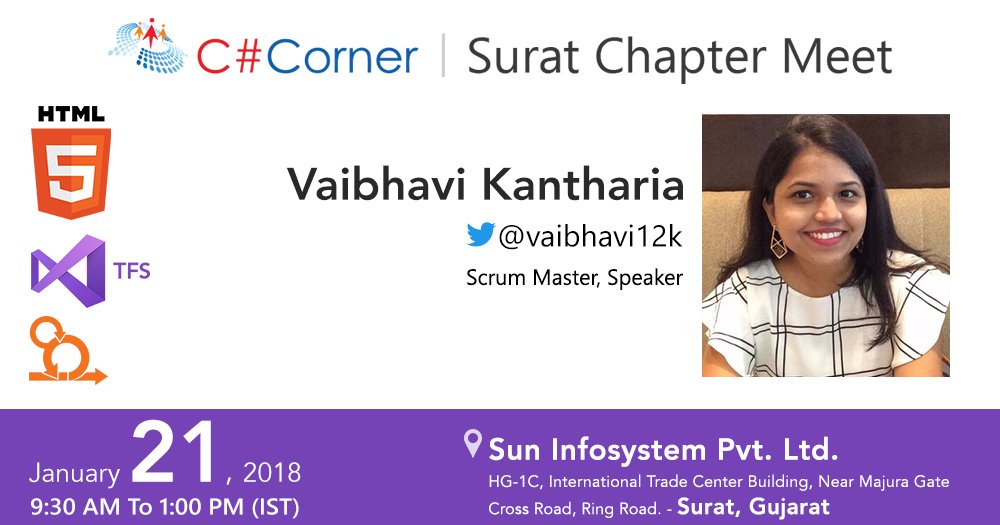 CsharpCorner's tweet image. Learn #Agile Process Template in #TFSOnline from @vaibhavi12k at @CsharpCorner Surat Chapter Meet! Register now: goo.gl/xqXBRK