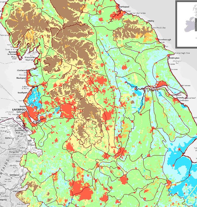 stellastafford's tweet photo. Reminder that both the South East + the North of England are short of greenfield sites and high grade farmland without massive housing developments sprawling any further (blues and green bits) Red bits=urban. High grade farmland sites sadly cheapest to build on. https://t.co/aEKesmOycV