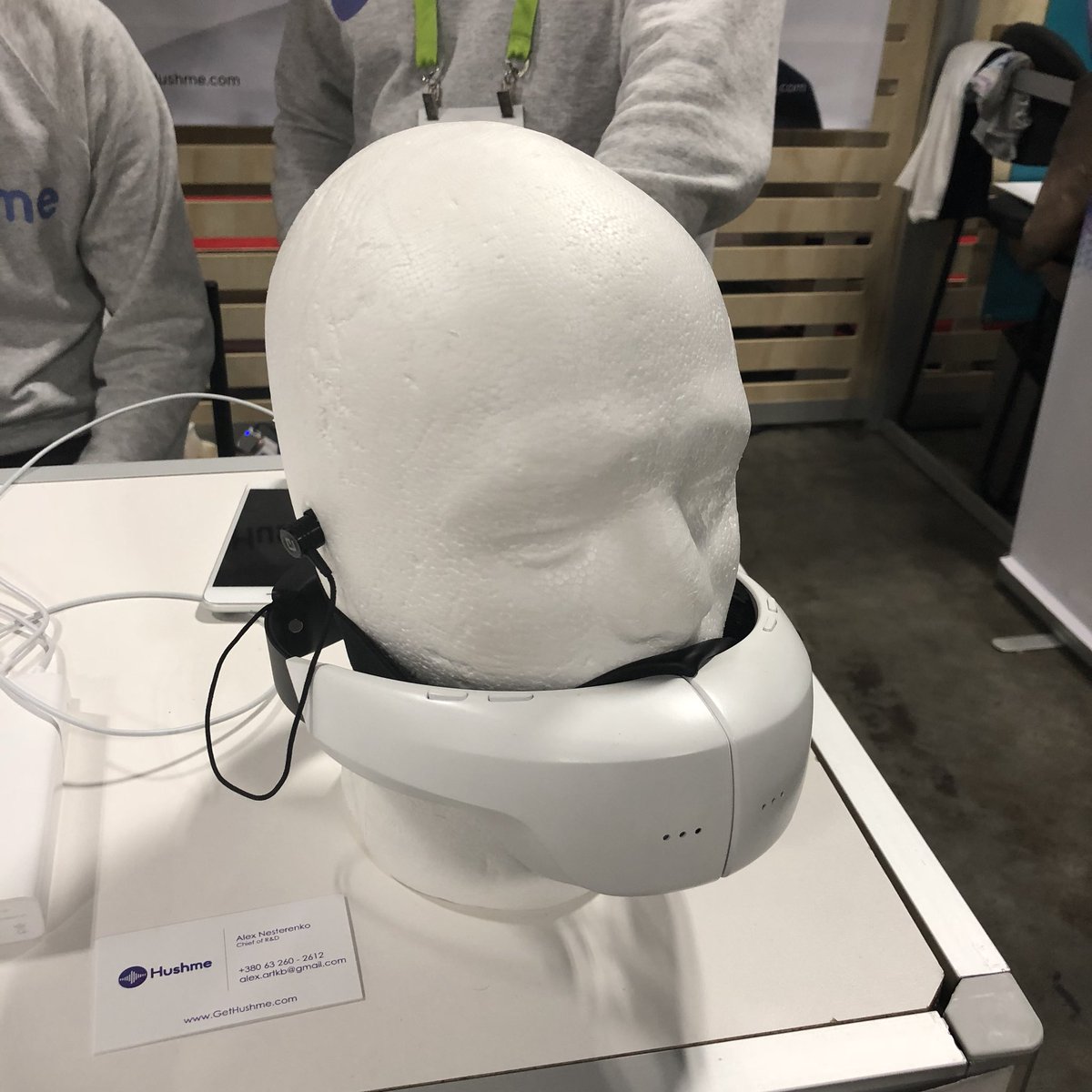 stephencass's tweet photo. Driving your open-office co-workers or fellow train passengers crazy? Tired of them listening in on your private calls? Wear the Hushme voice mask by Atkb. Going into production in April, but you can preorder now for $179 #wearables #CES2018 #cesIEEE https://t.co/J7J6SHf97n