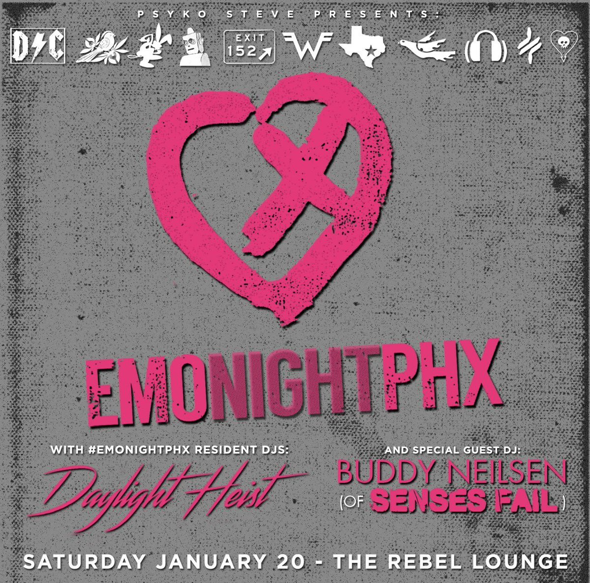 DaylightHeist's tweet photo. The homie @buddythechud is coming back for #EmoNightPhx and we’re keeping this hot streak alive! 🔥Saturday, January 10th at @TheRebelPHX Let’s get it! #daylightheist #sensesfail @SensesFail #emonight #therebellounge https://t.co/2MTWo59fb1