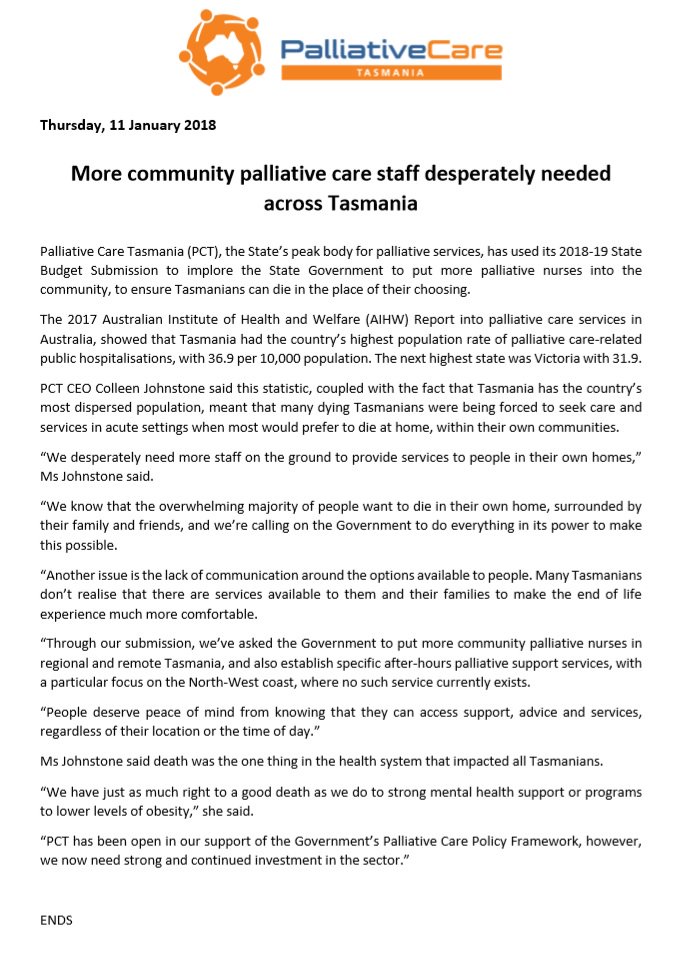 PallCareTas's tweet photo. MR - More community #palliativecare staff needed across #Tasmania. #politas #endoflife https://t.co/2qTSuQZs7E