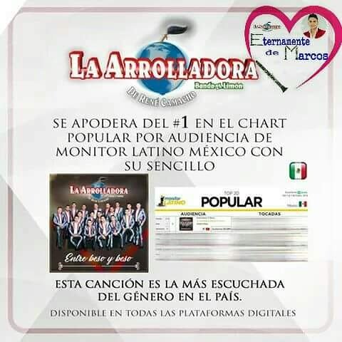 Eternamente_Pue's tweet photo. La #Arrolladora se coloca en el #1 ☝🏼 del #ChartPopular por audiencia en #MonitorLatino con su mas reciente sencillo #EntreBesoyBeso 😘👌💪 👣 https://t.co/VNpVYCA7Pw