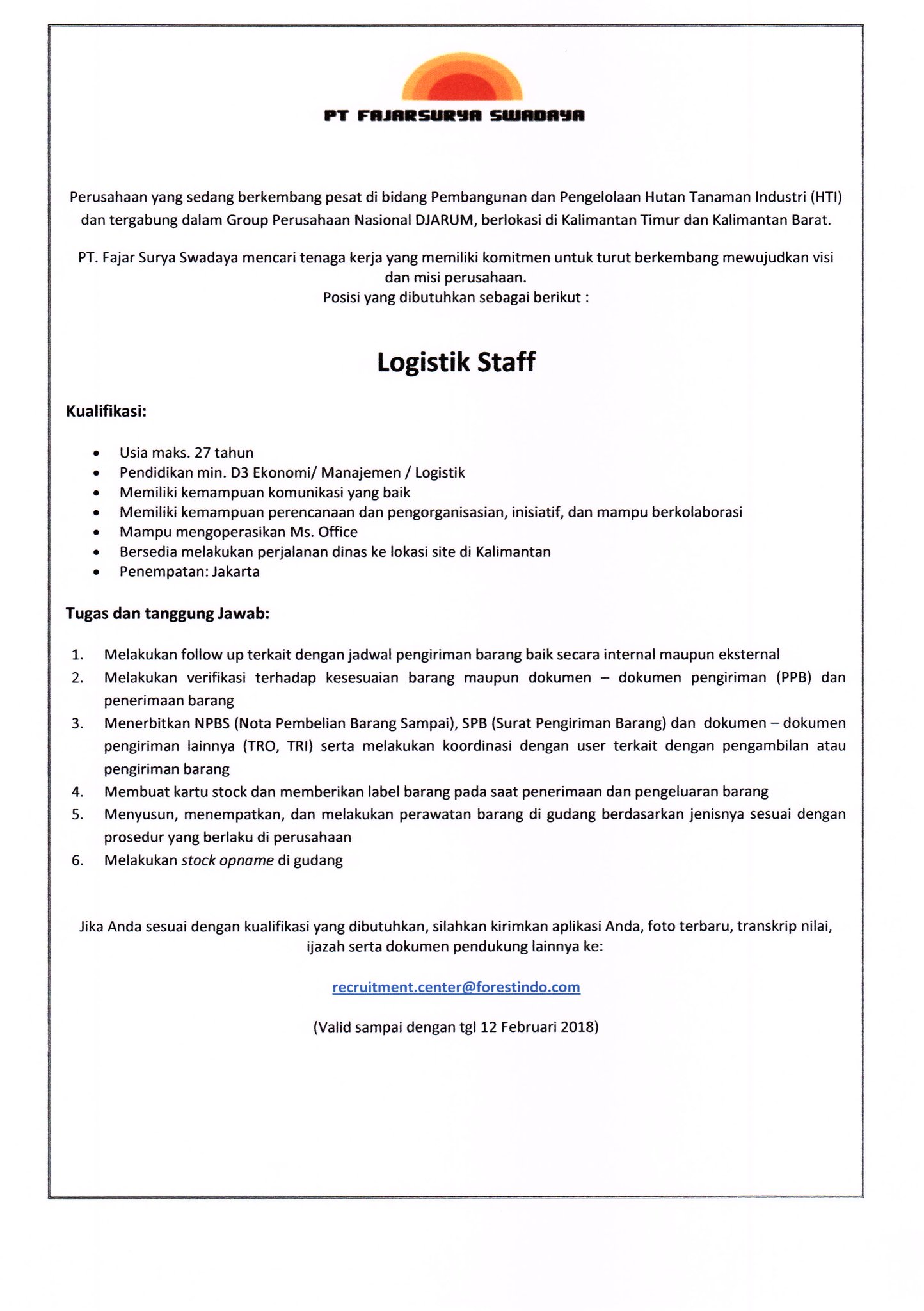 O Xrhsths Pengembangan Karir Dan Alumni Uaj Sto Twitter Jadilah Bagian Dari Pt Fajar Surya Swadaya Lowongan Yang Dibuka Info Https T Co Ezjayyamma Uajcareercenter Bkak Uaj Infomaganguaj Lokeruaj Maganguaj Https T Co Rxgbrixhax