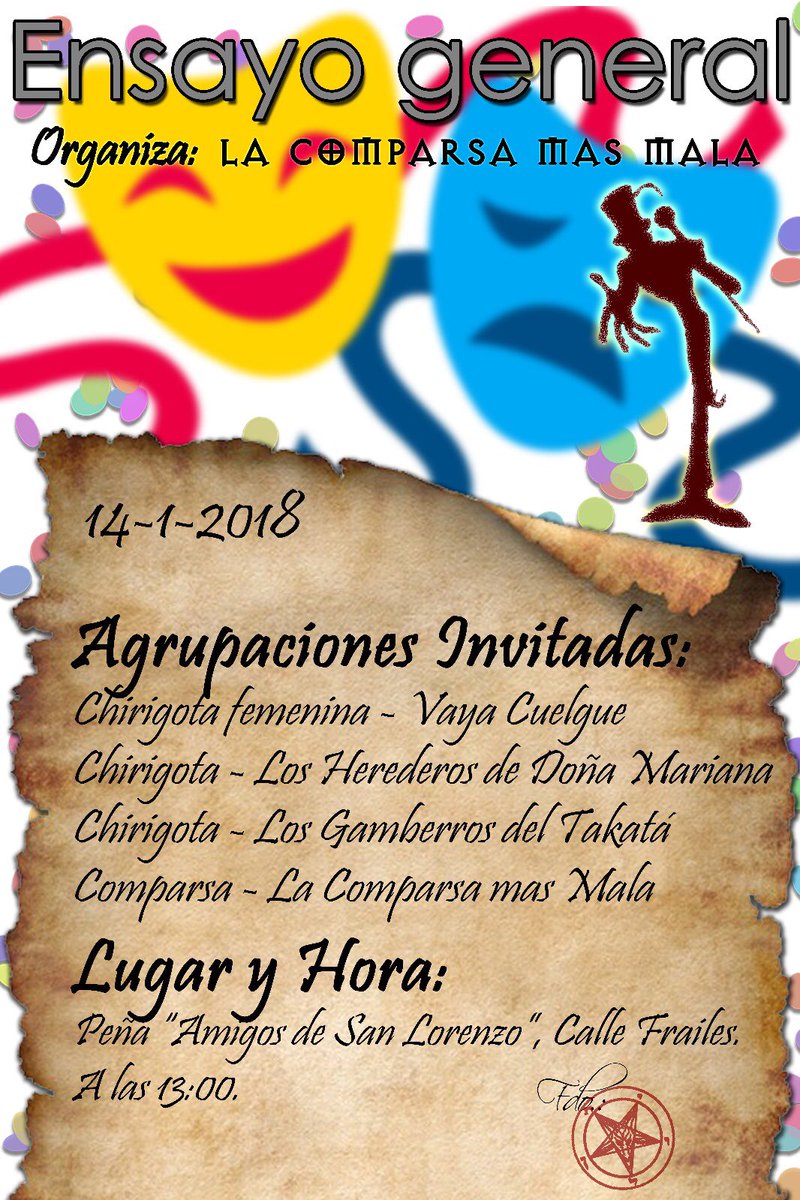 Este domingo, 14 de enero a partir de las 13:00 <a href="/lacomparsadsamu/">La Comparsa Más Mala</a> os espera en la Peña LOS AMIGOS DE SAN LORENZO, ( C/Frailes ) para nuestra puesta de largo por primera vez este año!! Venid a disfrutar con nosotros que ¡YA ESTAMOS EN CARNAVAL!