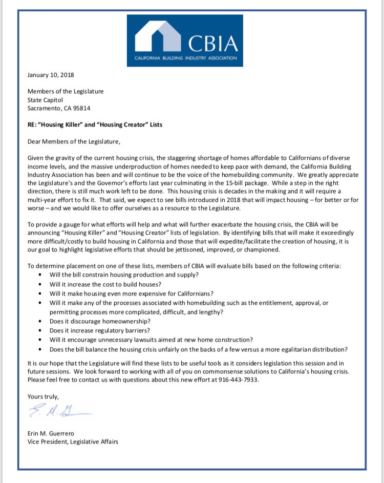 CaliforniaBIA's tweet image. Our letter to all members of the Legislature on the official establishment of a Housing Killers and Housing Creators bill list: cbia.org/uploads/5/1/2/…