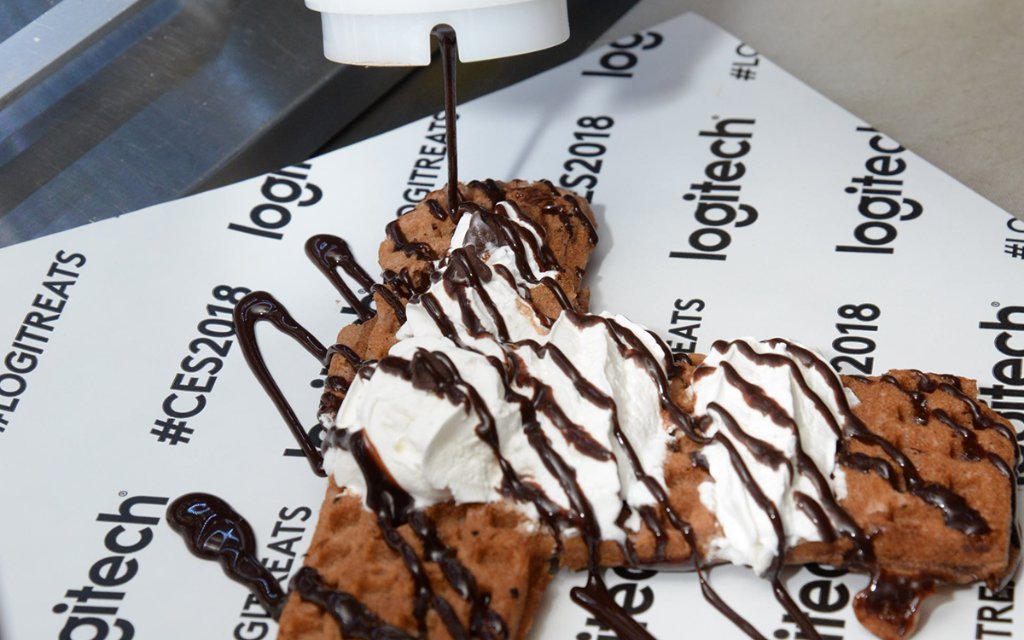 Logitech's tweet image. RT this if you&apos;re making breakfast for dinner tonight. You just might win a sweet prize. 😉 #ces2018 #LogiTreats