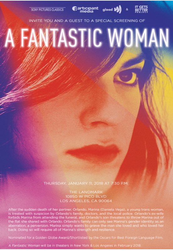 eWayFDN's tweet photo. @ItGetsBetter invites you to a screening and Q+A of “A Fantastic Woman”, a film nominated for a Golden Globe and shortlisted by the Oscars for Best Foreign Language Film. https://t.co/KNd2qeET0y