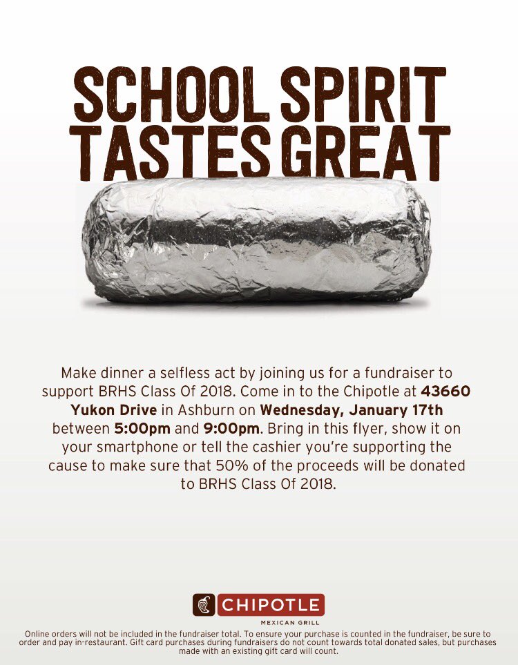 Wahoo!!! The fantastic senior class has a Chipotle fundraiser next Wednesday from 5-9pm! Make sure you stop by to grab something to eat and please show this picture when you pay for you meal!