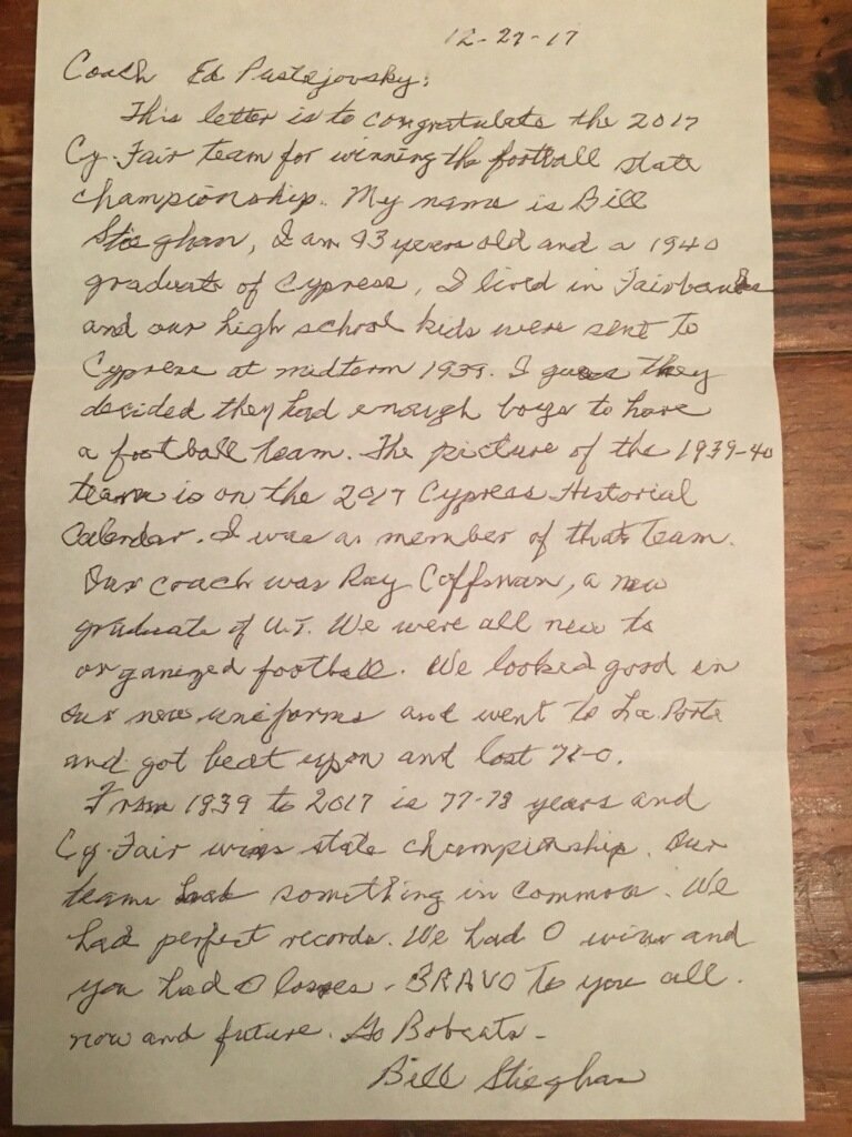 This letter proves that the championship is for all of us! This letter was written by a 93 year old former player who was on the first Cy-Fair team in 1939!
