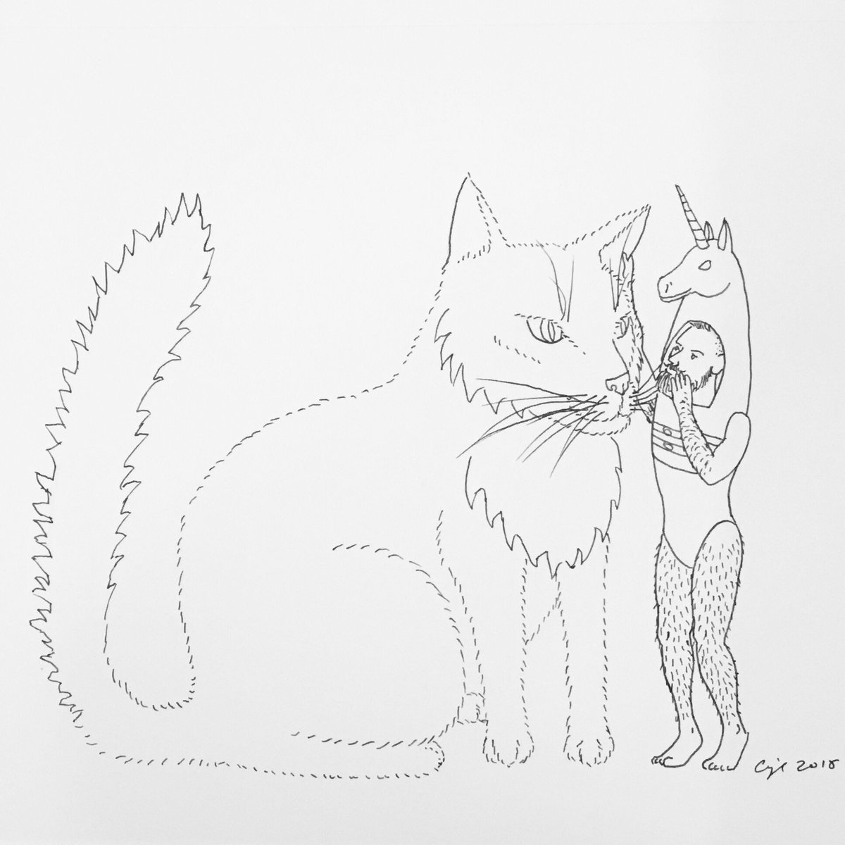 CupidOjala's tweet photo. “Cat Whisperer”, 2017, pigment pen on paper, 9 x 12 in. #unicorn #queer #transgender #cat #catwhisperer #tippytoes #whisper #CUNextTuesday https://t.co/RPJbpnmmhm