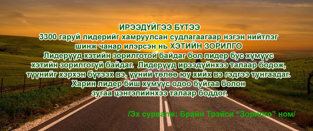 3300 гаруй лидерийг хамруулсан судлагаагаар нэгэн нийтлэг шинж чанар илэрсэн нь хэтийн зорилго. Лидерүүд хэтийн зорилготой байдаг бол лидер бус хүмүүс хэтийн зорилгогүй байдаг аж.