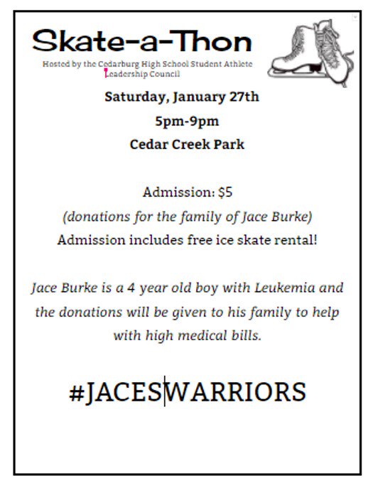 jhannam44's tweet photo. The CHS Student Athlete Leadership Council is hosting a Skate-A-Thon on Jan. 27th from 5-9pm at Cedar Creek Park.  All proceeds will go towards Jace Burke, a 4 year old boy who is battling leukemia.  Please spread the word for this great event! #jaceswarriors #pridechs https://t.co/OtWz7Wq8QZ