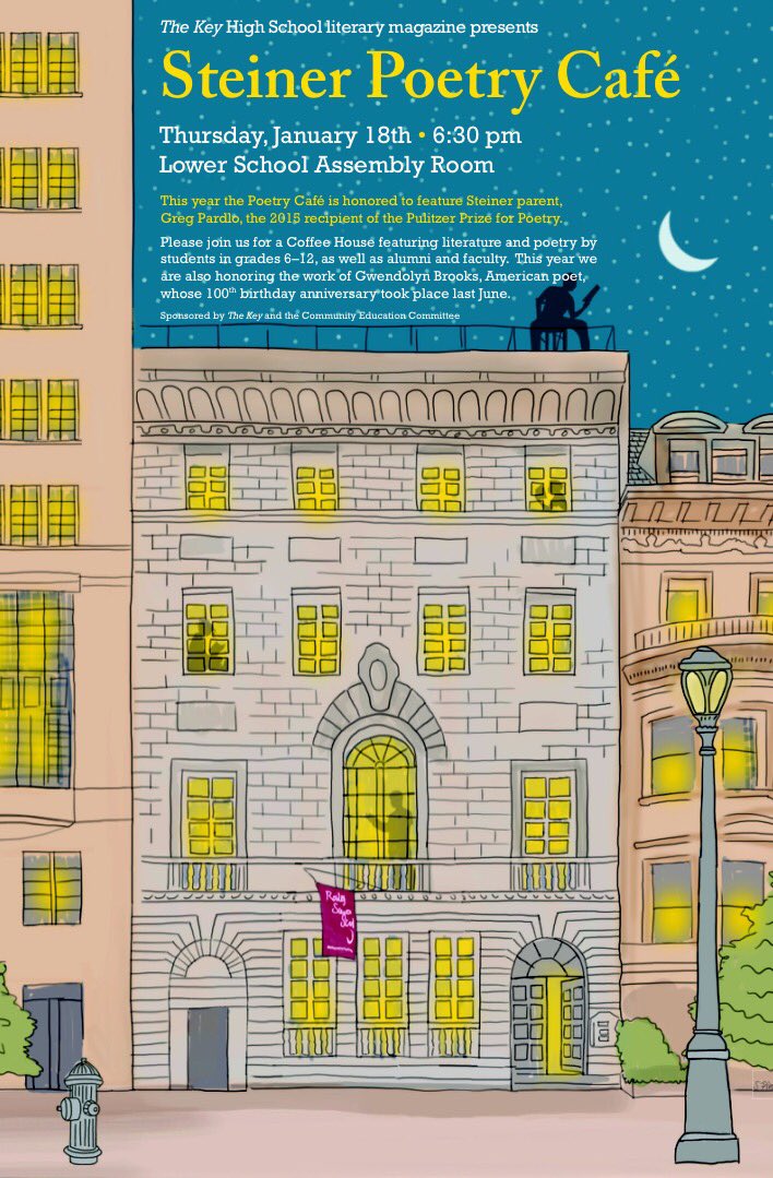 SteinerSchoolNY's tweet photo. #steinerpoetrycafe a literary event .
Thursday, Jan 18th at 6:30pm
Poetry by #steinerstudents grades 6-12 and #steinerparent #gregpardlo https://t.co/HQCXU0Kuvo
