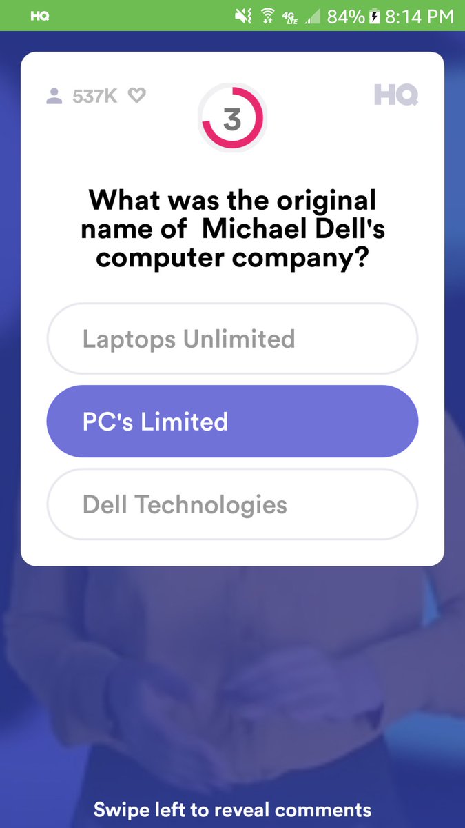Katie_Green's tweet photo. How much fun to be playing @hqtrivia and see a question about @DellTech and @MichaelDell!! Obviously, I knew the answer, #PCsLimited! Vast majority of players chose Dell Technologies. https://t.co/U1BNfTTfba
