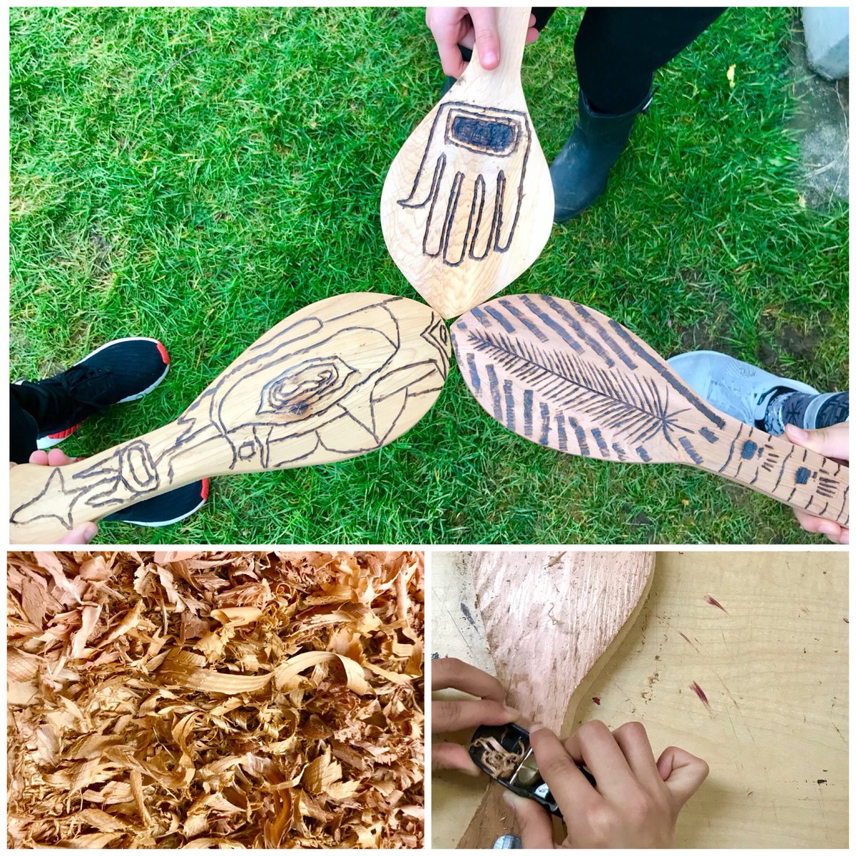 JessAlpaugh's tweet photo. Focusing on #process today as gr7 students joined Moscrop students in #paddlecarving with Métis carver Pat Calihou. Students carved their own paddle using a hand plane, then created their own personal design using a wood burner #connectingstudents @BurnabyAbEd @MoscropSec https://t.co/4BMKLvYtP9