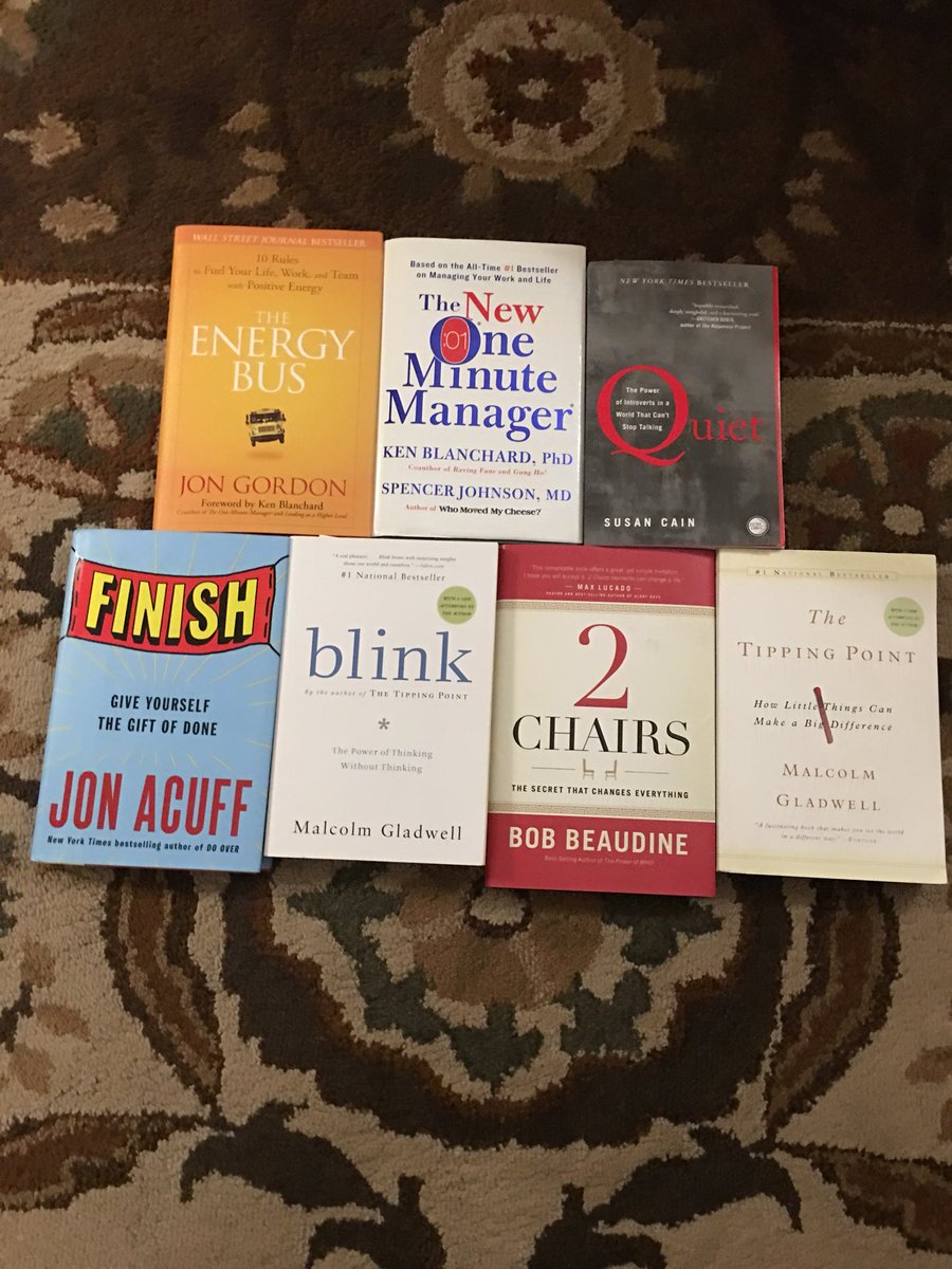 DanCanSave's tweet image. Books I’ve read in the last two months: I would suggest them all: 
Energy Bus by @JonGordon11 The new one minute manager Blanchard
Quiet Susan Cain (currently reading)
Finish by @JonAcuff 
Blink by Malcolm Gladwell
2 Chairs by @YouGotWho 
The Tipping Point Malcolm Gladwell