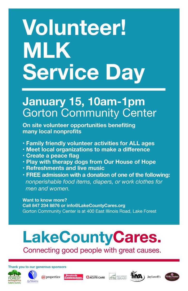 Our MLK Day of Service is Monday from 10am-1pm at Gorton Center in Lake Forest! All ages welcome for volunteer projects, live music and food! Make a peace flag and play with therapy dogs, too! #MLKDay #MLKDay2018