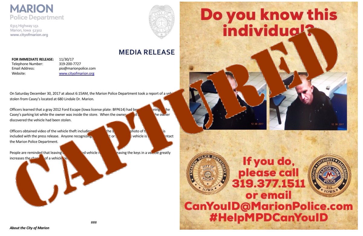 MarionIaPolice's tweet photo. With the assistance of the community and the power of social media, this subject was identified and safely taken into custody today on George Drive. #ThankYou for everyone’s willingness to help and become involved. #CommunityStrong #UnityOfCommunity https://t.co/whQNpiP8Ao