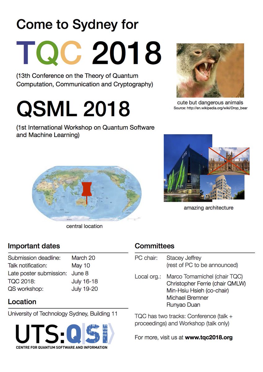 Join us in Sydney for #TQC2018 and the first international workshop on #QuantumSoftware and #MachineLearning!

16-20 July 2018