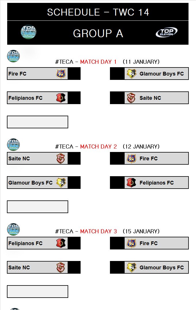 WeAreTECA's tweet photo. 🔴First Tournament on Twitter🔴
⚫Schedule Group A - TWC Edit. 14⚫

#TECA #topeleven #TWC #TWC14 #TBC https://t.co/3zKDFdpNI1