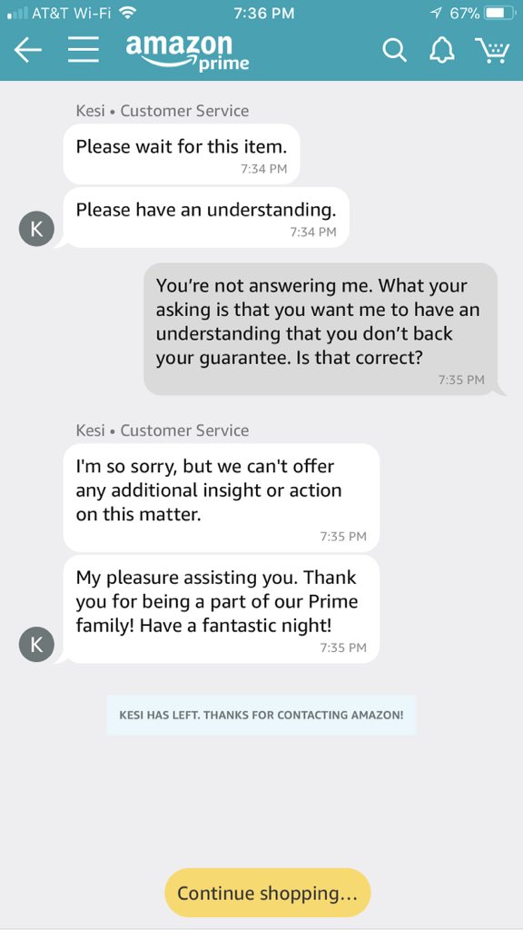 JoshTurner's tweet photo. @Amazon_US  thanks for not standing by your guarantee. Your customer service rep who helped me, disconnected from me after asking if you stand by your guarantee. I’ll start ordering elsewhere. https://t.co/QJFtV3aPKa