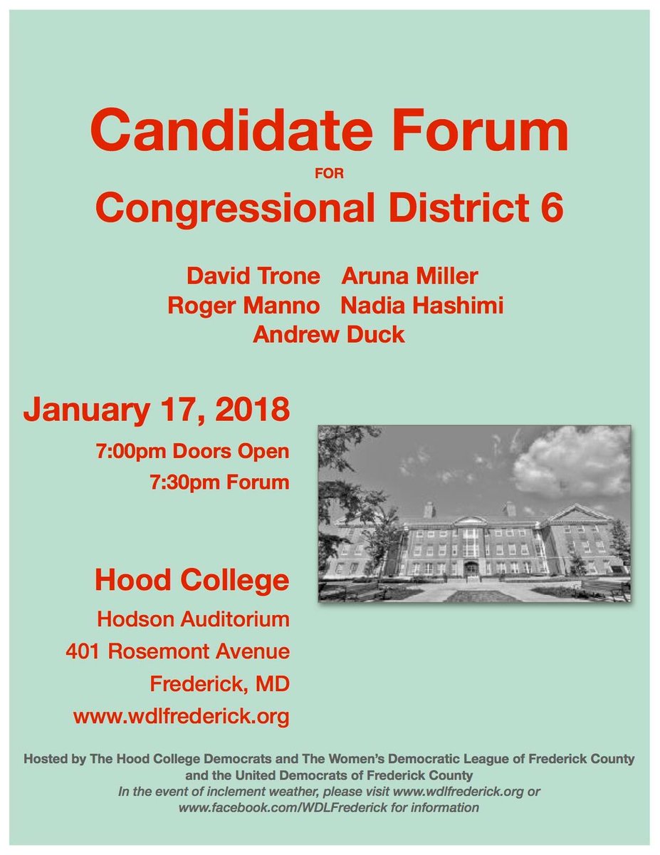 VoteFrederickMD's tweet photo. Don’t miss the CD6 Congressional Candidate Forum at 7:30pm on Thurs Jan 17th at Hood College!! 
#VoteFredericksFuture @FrederickDems https://t.co/epD56bf34m