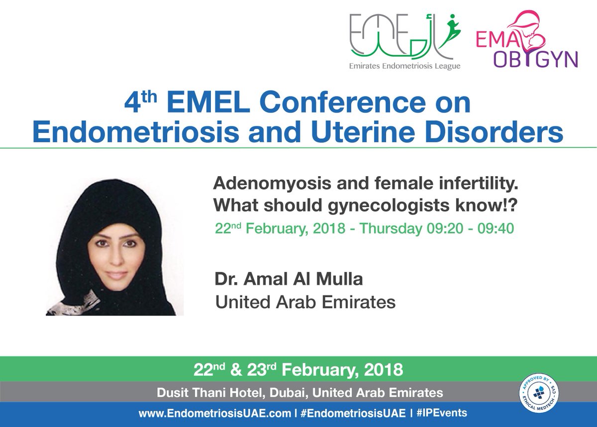 endometriosiUAE's tweet photo. Dr. Amal Al Mulla will participate in #EndometriosisUAE 2018 & will discuss about #Adenomyosis & #Female #Infertility.
Join us in Dubai on the 22nd & 23rd of February 2018 - https://t.co/NEnUXOWLCd
#Endometriosis #EndoDoctors #EndometriosisAwareness #ChronicPelvicPain #IPEvents https://t.co/0fq0zrkZIe