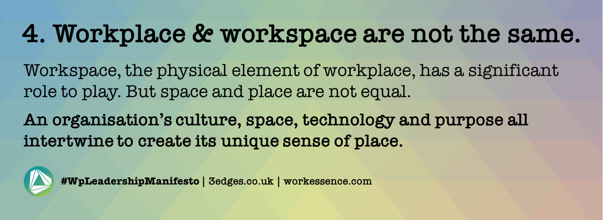 #WpLeadershipManifesto | Day 4. Workplace and workspace are not the same. An organisation's culture, space, technology and purpose all intertwine to create its unique sense of place | follow <a href="/_3edges/">3edges</a> for all 18 points | @workessence <a href="/ianellison/">Ian Ellison</a> <a href="/wpmpodcast/">Workplace Matters</a> @BIFM_UK