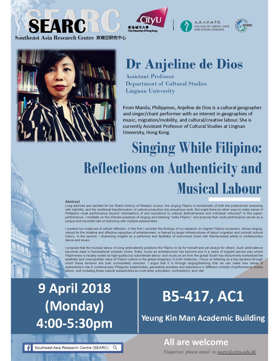 SEARC_CityU's tweet photo. @SEARC_CityU Seminar "Singing While Filipino: Reflections on Authenticity and Musical Labour", 9 April (Mon) at 4pm https://t.co/7ZPQsNNDYQ