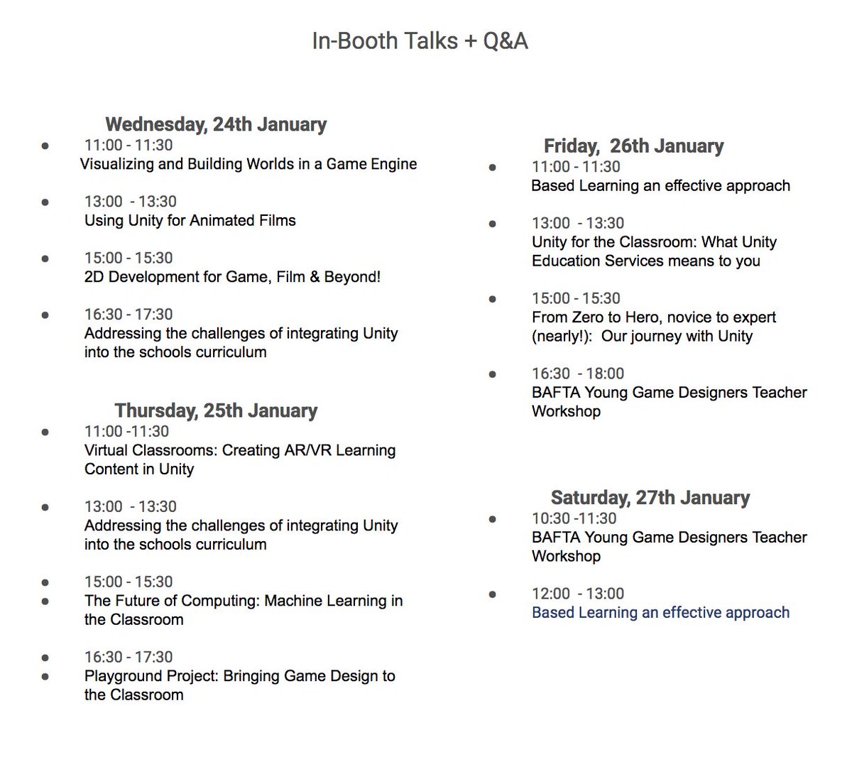 LisaSEliasson's tweet image. Heading to #Bett2018 at the end of the month? Make sure to stop by the @unity3d  booth! Our @Unity3dEduEMEA  team got heaps of great In-Booth Talks lined up! &amp;lt;3