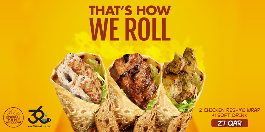 360Foodcourt's tweet photo. That's how we roll! Order 2 Chicken Reshmi Wrap and 1 soft drink for just 27 from CUPPA CAFE QAR. T&amp;C Apply! 

https://t.co/ErLvcMzteU https://t.co/mb7ezEuueR
