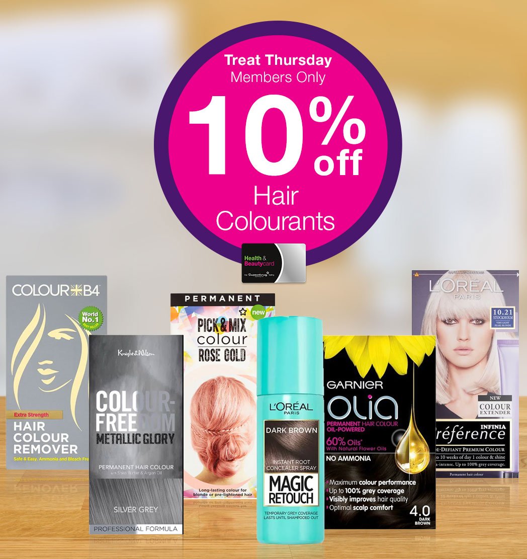 #TreatThursday 💁‍♀️

10% off hair colourants with a Health &amp; Beauty Card at Superdrug for today only!