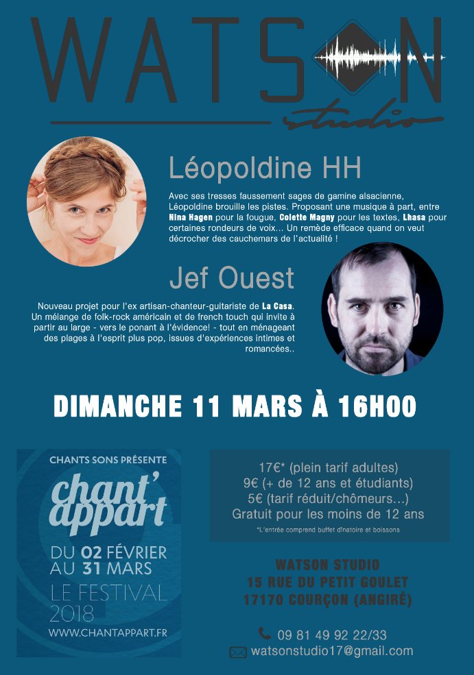 Watsonstudio1's tweet photo. 🎶 Le premier concert de 2018 au #WatsonStudio aura lieu le dimanche 11 mars, dans le cadre du #Festival Chant'Appart. 
Nous aurons le plaisir d'accueillir  Léopoldine HH et Jef Ouest. 🎶
Meilleurs voeux à tous ! https://t.co/DoHOTJx8bK
