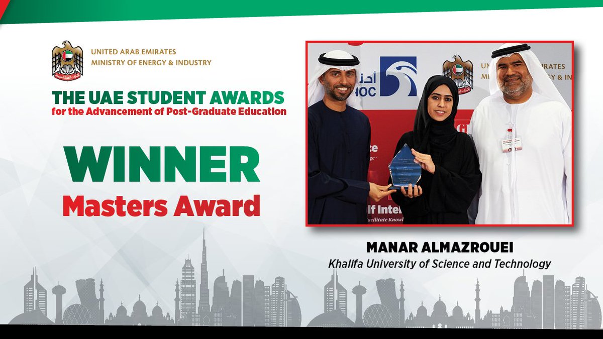 gulf_intel's tweet photo. Congratulations to Manar Almazrouei @KhalifaUni for winning the Masters category at the inaugural UAE Student Awards for the Advancement of #PostGraduate Education #WomenEmpowerment @MOEIUAE #giforum https://t.co/EDpO6ODyf3