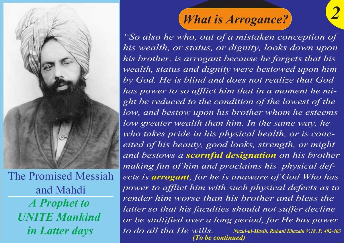 khaqan2005's tweet photo. What is arrogance? Explained by Hadhrat Mirza Ghulam Ahmad Promised Messiah &amp; Imam Mahdi (as) Holy Founder of World Wide Ahmadiyya Muslim Community

#Messiahascome
#IslamAhmadiyya https://t.co/3NAQY49nfl