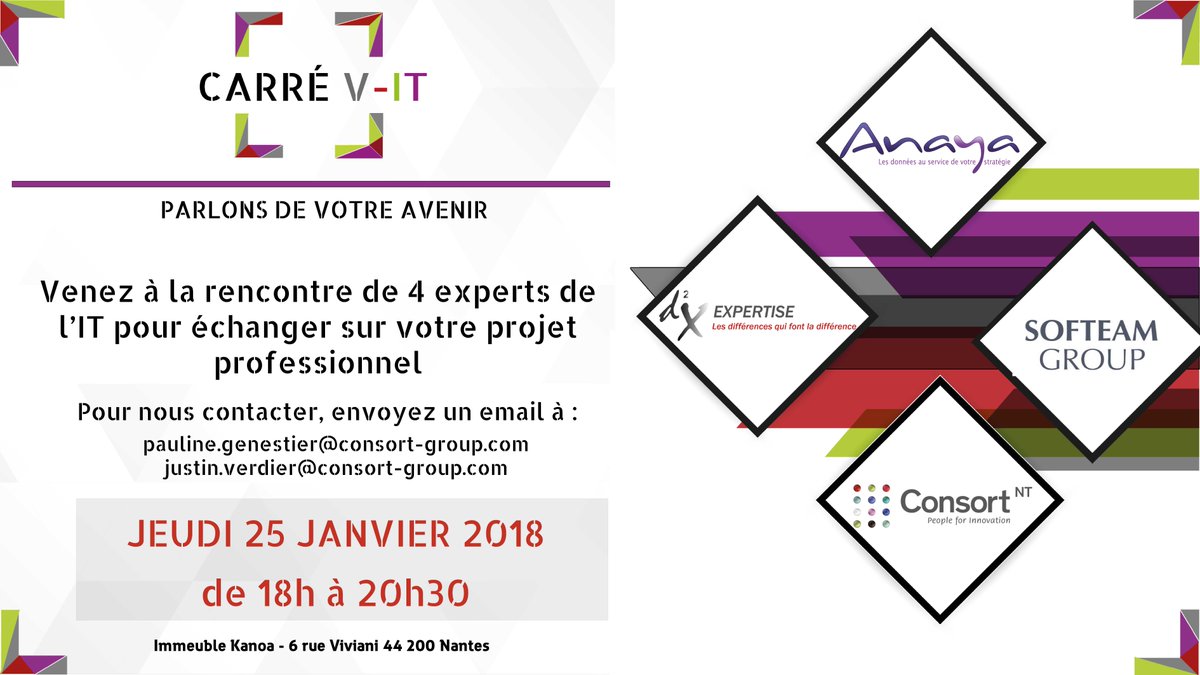 abrisson69's tweet photo. #Nantes Jeudi 25/01, 1e édition du Carré V-IT, salon de #recrutement co-organisé par #ConsortNT, @SofteamGroup, @d2xExpertise et Anaya. Et une intervention de B. Desforges du @GroupeLaPoste . RV 18h00 à 20h30 sur l’île de Beaulieu. #Emploi #IT #RH https://t.co/gGeT1BQITD