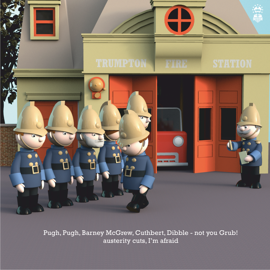Trump_ton's tweet photo. Pugh, Pugh, Barney McGrew, Cuthbert, Dibble - not you Grub! austerity cuts, I’m afraid

#FireCuts #Trumpton https://t.co/i3bp463puW