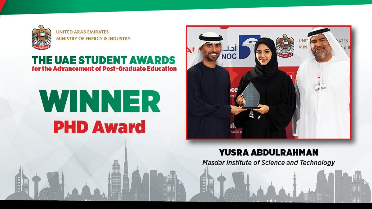gulf_intel's tweet photo. Congratulations to Yusra Abdulrahman @MasdarInst for winning the PhD category at the inaugural UAE Student Awards for the Advancement of #PostGraduate Education #WomenEmpowerment @MOEIUAE @NYUAbuDhabi #giforum https://t.co/UxagCT0gWg